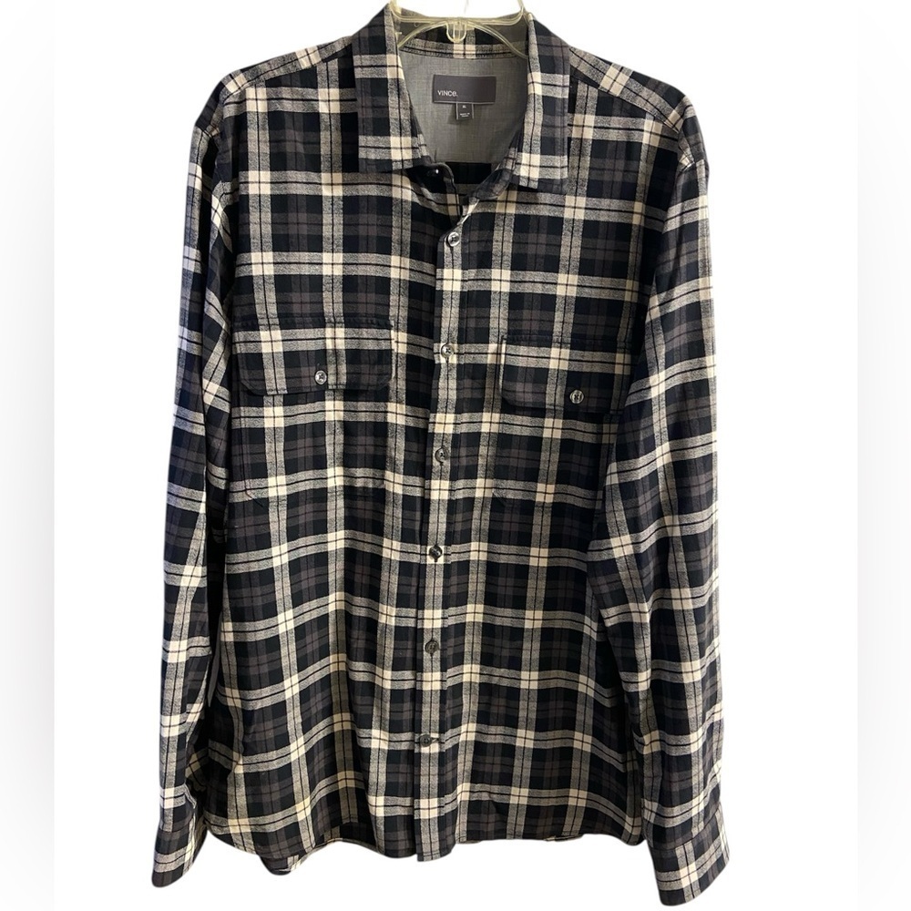 Vince men casual button front shirt plaid long sleeve black grey XL